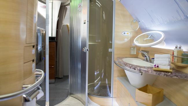 A shower in Emirates’s Airbus SE A380 aircraft.