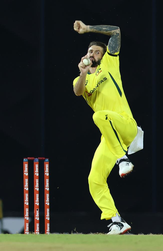 Australian bowler Kane Richardson bowls during the 1st match in the T20 International series between Sri Lanka and Australia. Picture: Buddhika Weerasinghe/Getty Images.