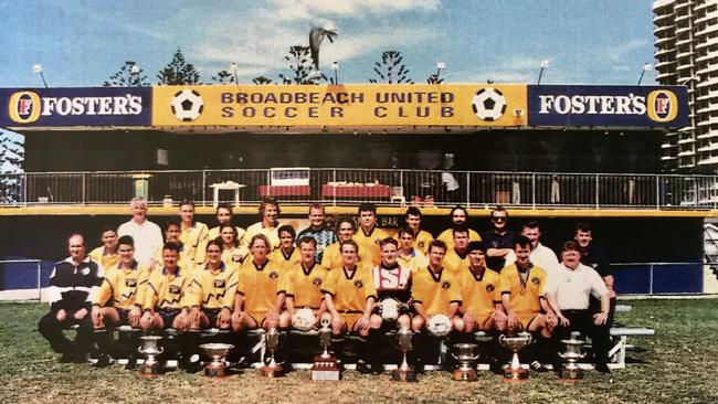 Much-loved former Football Gold Coast coach Dave Smith (front right) with the 1995 Broadbeach United team he helped win a swath of trophies that season. Photo: Contributed