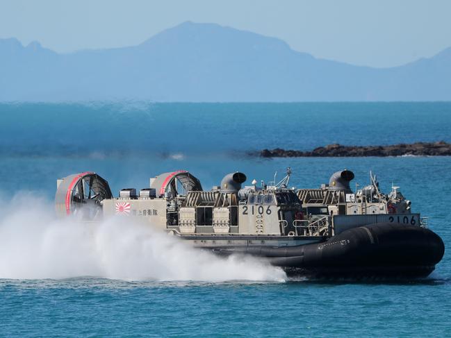 A Japanese Hovercraft, or Landing Craft Air Cushion (LCAC) races onto Langham Beach in Shoalwater Bay as part of a beach assault during Exercise Talisman Sabre 2019. Picture: Peter Wallis