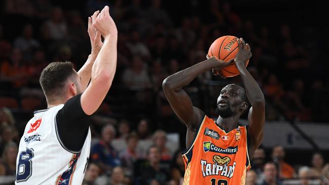 Majok Deng of the Taipans shoots during the round three NBL match between the Cairns Taipans and Adelaide 36ers at Cairns Convention Centre. (Photo by Albert Perez/Getty Images)