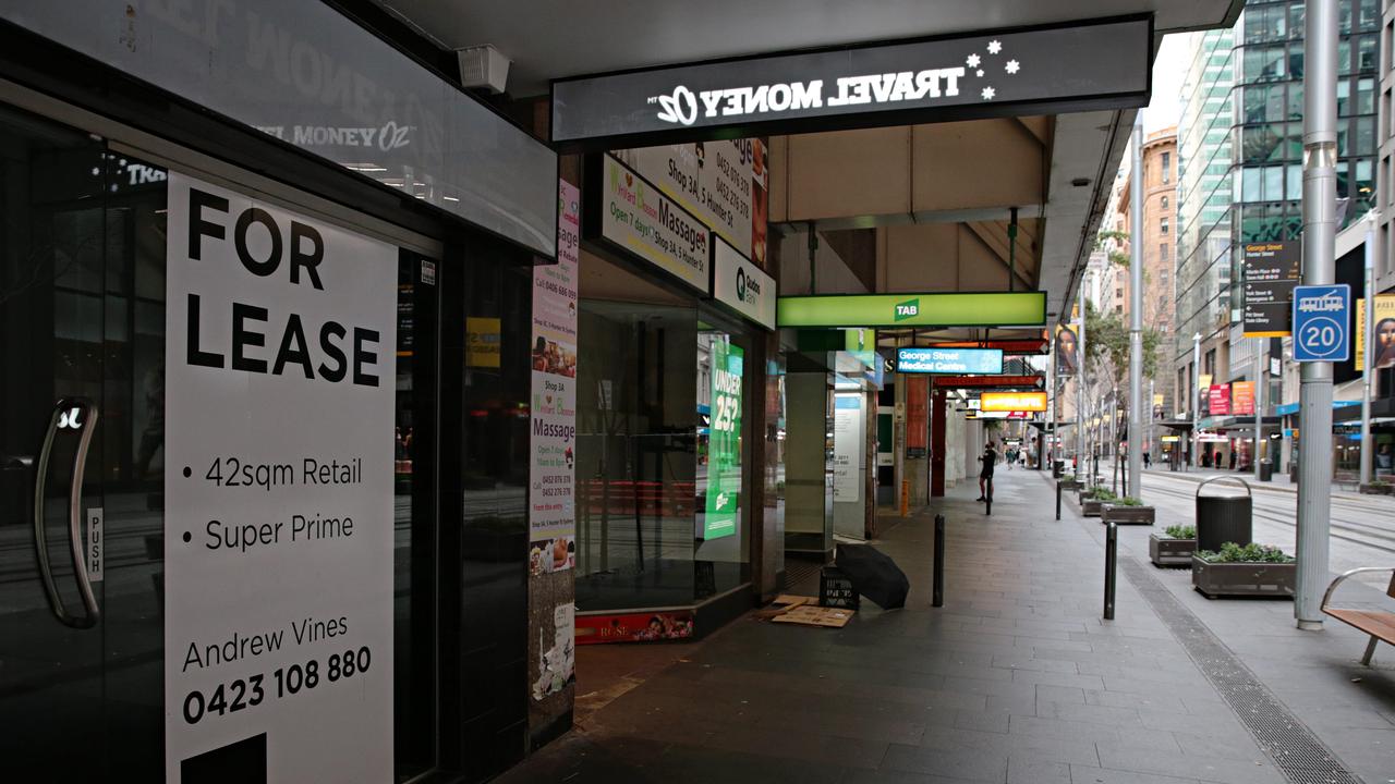 Buildings up for lease on George St in Sydney CBD - the Australian Retailer’s Association has warned many businesses face insolvency. Picture: NCA NewsWire / Adam Yip