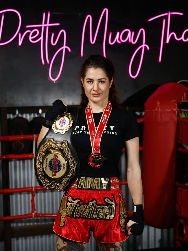 Cairns Muay Thai fighter Amy Glennon started hitting pads three years ago. Now she has a world championship gold. Picture: Brendan Radke