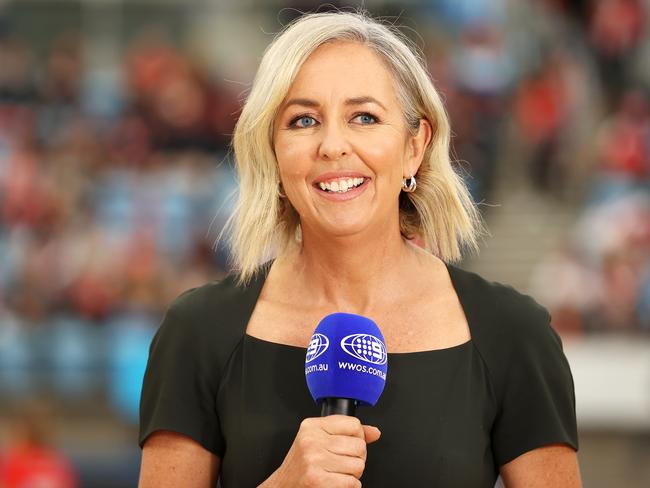 SYDNEY, AUSTRALIA - MAY 16:  Commentator and former player Liz Ellis speaks on Channel Nine before the round three Super Netball match between Sydney Swifts and Melbourne Vixens at Ken Rosewall Arena, on May 16, 2021, in Sydney, Australia. (Photo by Mark Kolbe/Getty Images)