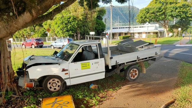 A ute crashed into a street sign and a tree near the corner of Toogood Rd and Jasper St in Bayview Heights in January. PICTURE: CHRIS CALCINO