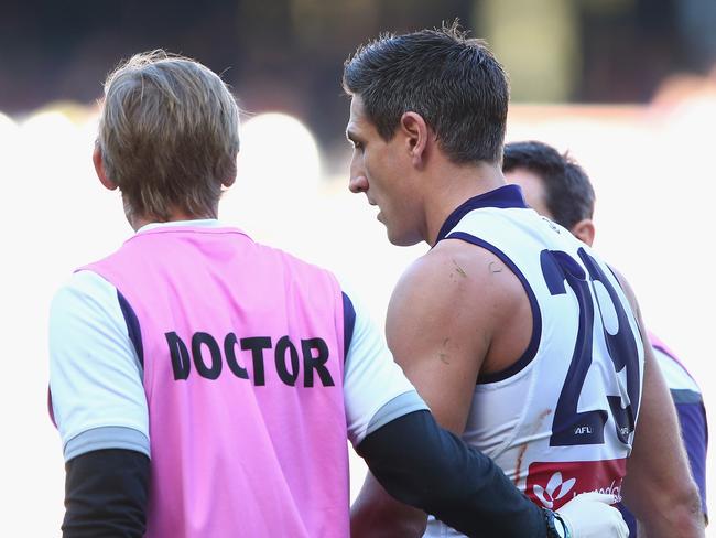 Matthew Pavlich didn’t feature after half-time due to concussion. Photo by Robert Cianflone