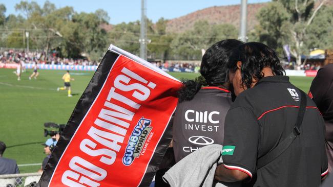 Saints fans show their support. The Melbourne Demons took on St Kilda at Traeger Park, Alice Springs, on June 1, 2025. Picture: Gera Kazakov
