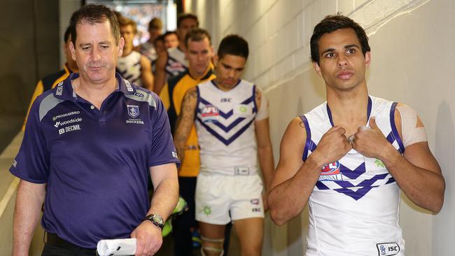 Fremantle coach Ross Lyon led his troops off the ground after the Grand Final. Picture: Andrew Tauber