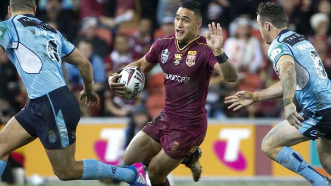 Valentine Holmes of the Maroons with the ball during State of Origin Game 3 between the Queensland Maroons and NSW Blues, at Suncorp Stadium in Brisbane, on Wednesday, July 12, 2017. (AAP Image/Glenn Hunt) NO ARCHIVING, EDITORIAL USE ONLY