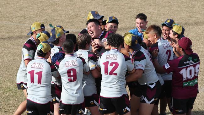 Grand final day of the Titans Schools League rugby league competition. Marsden Highs Teva Grey celebrate the win with teammates in the year 9-10 division... Picture Glenn Hampson