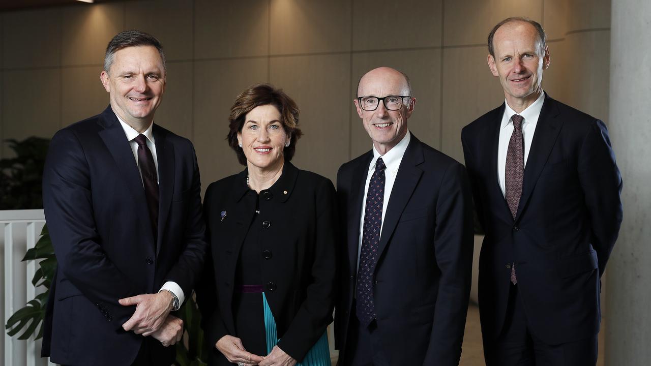 The government approval is a hard-fought victory for (from left) Suncorp CEO Steve Johnston, Suncorp chair Christine McLoughlin, ANZ chair Paul O’Sullivan and ANZ CEO Shayne Elliott. Picture: Josh Woning.