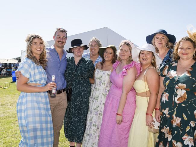 At Warwick Cup race day are (from left) Heather Jamieson, Louw Wiid, Alison van Jaarsveld, Allison Tomkins, Isabella Dowsett, Kirsten van Jaarsveld, Erin Walker, Erin Carniel and Katrina Lawler at Allman Park Racecourse, Saturday, October 14, 2023. Picture: Kevin Farmer