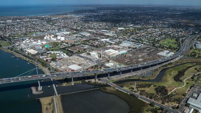 The West Gate Bridge looking west over Spotswood and Williamstown.