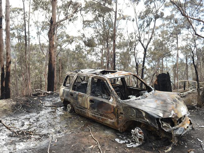 Remnants of a car destroyed by the Wye River bushfire. Picture: Jason Sammon