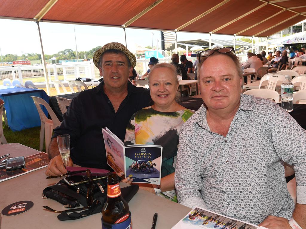 Tom Thornycroft, Anita Catoggio and Loz Catoggio enjoy the 2019 Darwin Cup. Picture: KATRINA BRIDGEFORD