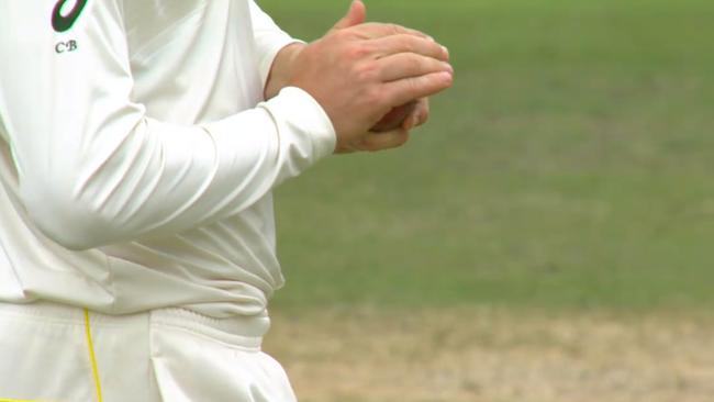 Cameron Bancroft caught tampering with the ball by cameras. Image: Fox Sports