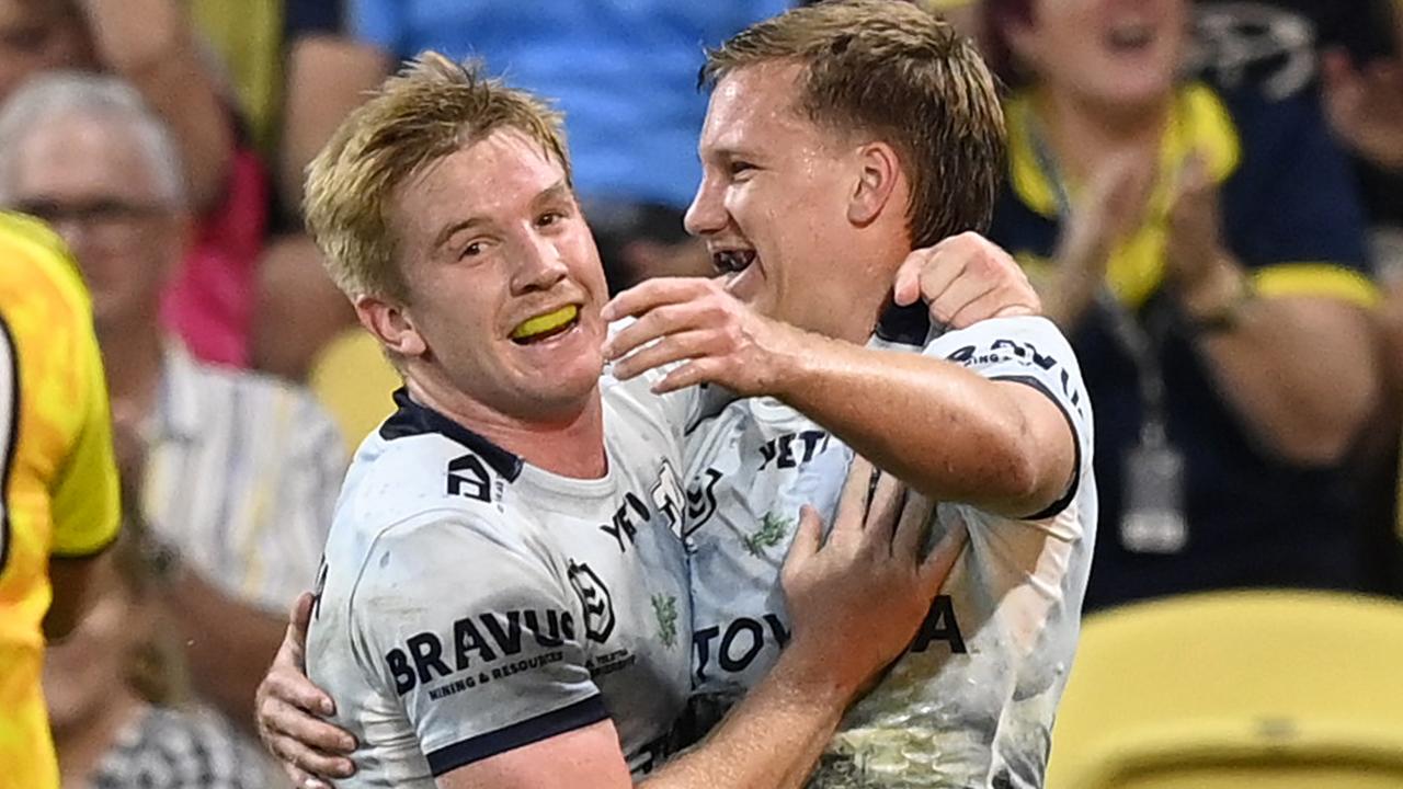 TOWNSVILLE, AUSTRALIA - APRIL 26: Jaxon Purdue of the Cowboys celebrates after scoring a try during the round eight NRL match between North Queensland Cowboys and Gold Coast Titans at Queensland Country Bank Stadium, on April 26, 2025, in Townsville, Australia. (Photo by Ian Hitchcock/Getty Images)