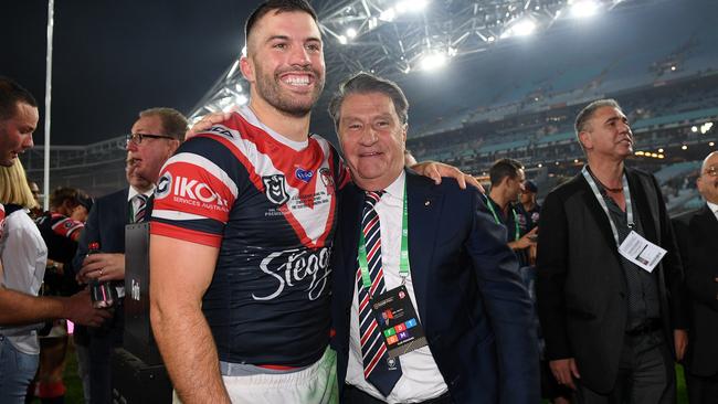 James Tedesco with Roosters club chairman Nick Politis following their 2019 Grand Final win over the Raiders in 2019. Picture: AAP/Dan Himbrechts