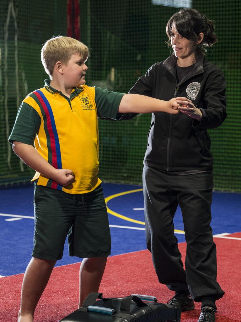 Treyton Fox receives instructions from Chinese Martial Arts and Health Centre Australia Sijeh Sherrilyn Walters during a kids’ kung fu session. Picture: Kevin Farmer