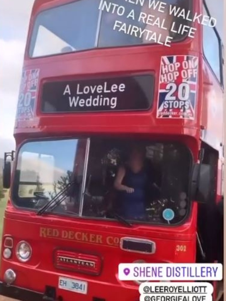 Guests were transported in red double decker buses. Picture: Instagram/@elizabethanile.