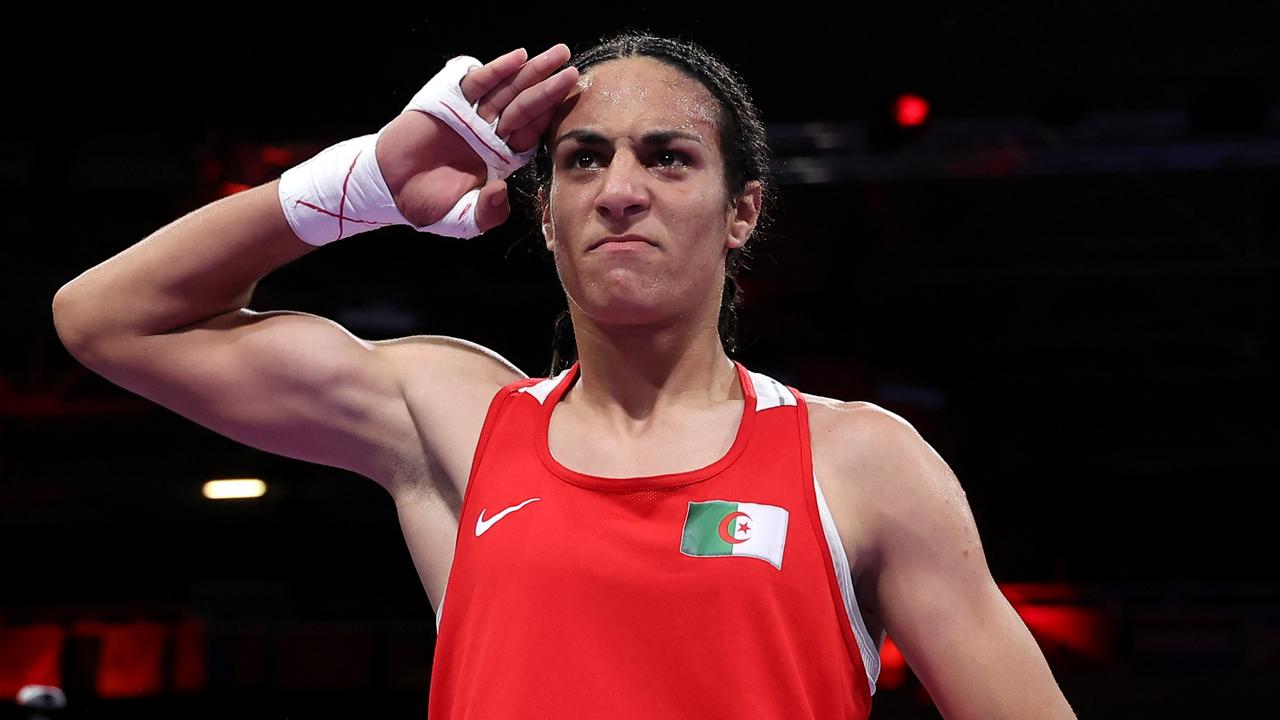 Imane Khelif of Team Algeria celebrates victory. Photo by Richard Pelham/Getty Images.