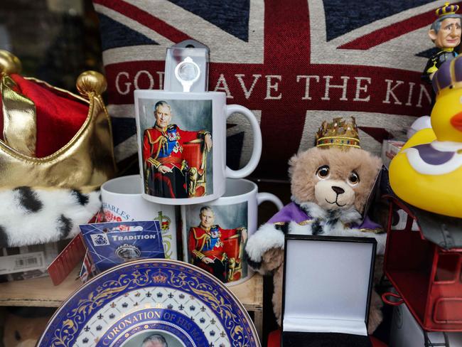 A mug with the portrait of King Charles III is displayed in the front window of a shop in Windsor ahead of the coronation ceremon. Picture: AFP