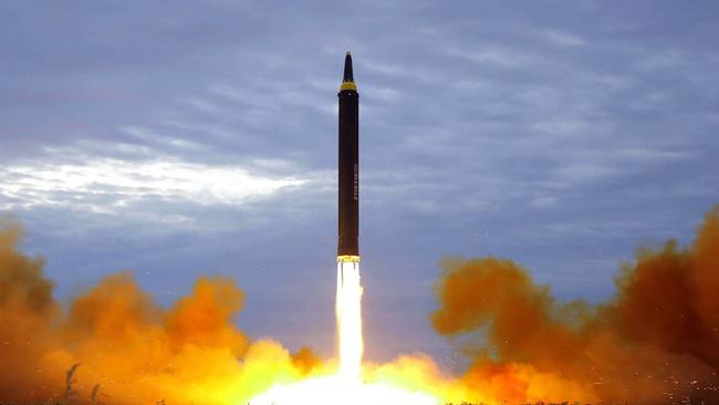 North Korea launched an intermediate-range strategic ballistic rocket Hwasong-12 last month. Picture: KNCA/AFP