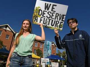 Harriet Chard and Dallas Eyles, 15, protest at the Lismore School Strike 4 Climate held in the Lismore Quad and calling for action on climate change. Picture: Marc Stapelberg