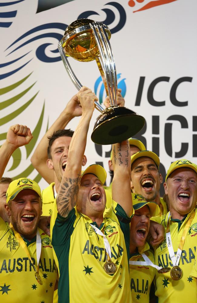 The Australian team celebrates victory during the 2015 ICC Cricket World Cup final match between Australia and New Zealand at Melbourne Cricket Ground on March 29, 2015 in Melbourne, Australia. (Photo by Mark Kolbe/Getty Images)