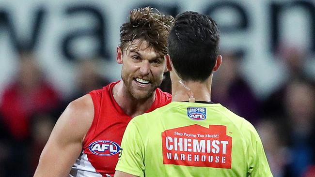 Dane Rampe argues with the umpire after conceding a free kick given against Essendon. Picture: Phil Hillyard