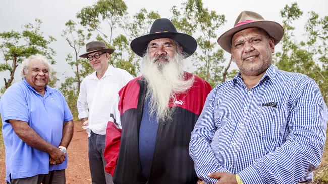 Indigenous leaders Tom Calma, left, Patrick Dodson and Noel Pearson with the chief executive partner of Allens law firm Michael Rose at Garma Festival in Arnhem Land. Picture: Amos Aikman