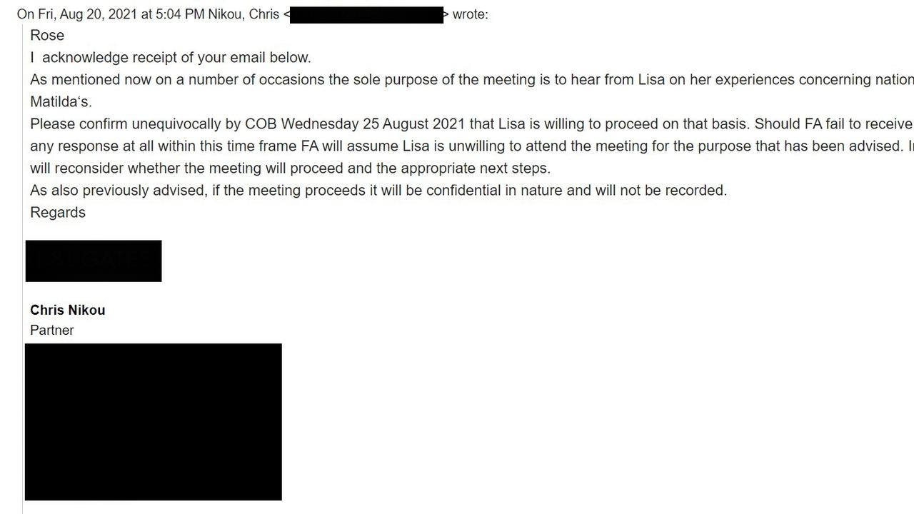FFA Chairman Chris Nikou responds to Rose Garofano on August 20, 2021. Picture: Supplied