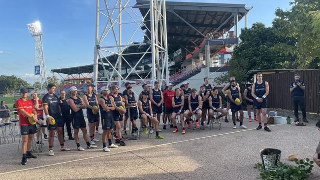 Adelaide Crows players taking part in a Welcome to Country ceremony at Darwin’s TIO Stadium on arrival to the Territory. Picture: Max Hatzoglou