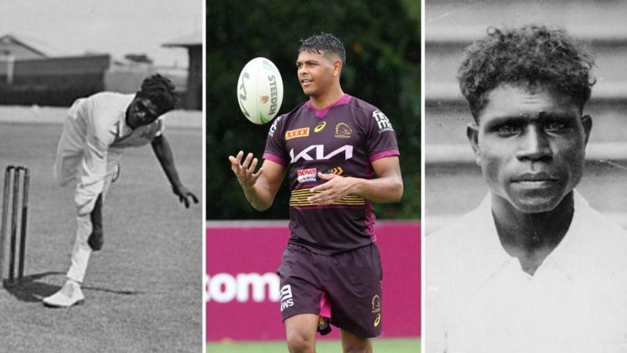 Selwyn Cobbo (centre) has become a star of the NRL, crediting his success to his homegrown heritage and the influence of his great great grandfather Eddie Gilbert (outside images).