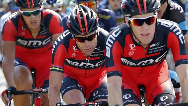 Australia's top-placed rider Cadel Evans (C) with BMC teammates during the 197km stage.