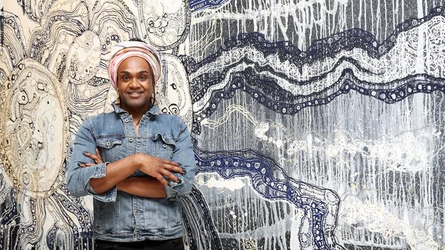 Wynne Prize winner Zaachariaha Fielding poses alongside 'Inma' at Art Gallery Of NSW on May 05, 2023 in Sydney, Australia. Picture: Don Arnold/WireImage