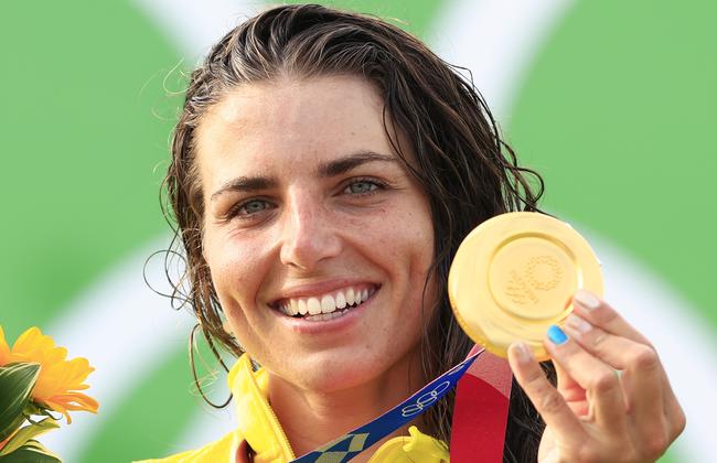 Australia's Jess Fox was all smiles as she posed proudly with her gold medal after the Women's Canoe Finals. Picture: Adam Head