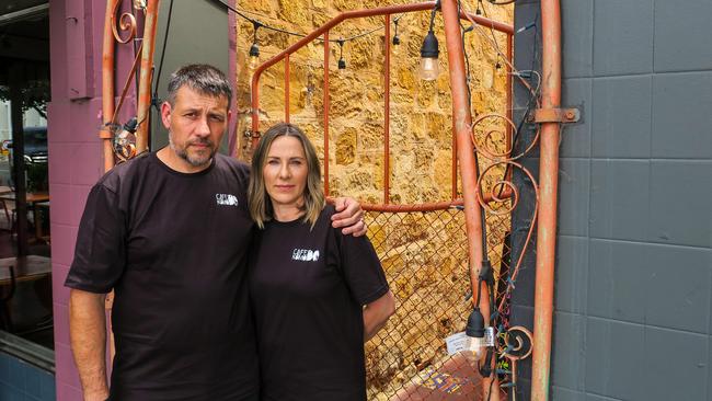 Andrew and Bronwyn Taylor outside their Prospect business, Cafe Komodo. Picture: Jason Katsaras