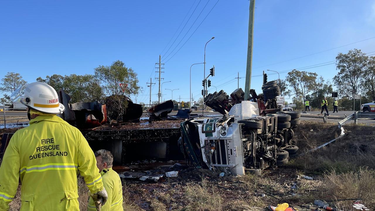 A man in his 60's has been rescued after his B-double truck rolled over on the outskirts of Bundaberg. Picture: Nicole Strathdee