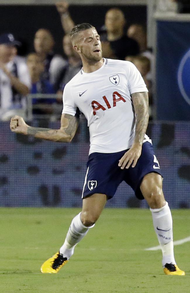Tottenham's Toby Alderweireld celebrates after scoring a goal against Paris Saint-Germain.
