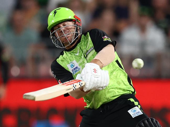 SYDNEY, AUSTRALIA - DECEMBER 30: David Warner of the Thunder bats during the BBL match between Sydney Thunder and Melbourne Renegades at ENGIE Stadium, on December 30, 2024, in Sydney, Australia. (Photo by Jason McCawley - CA/Cricket Australia via Getty Images)