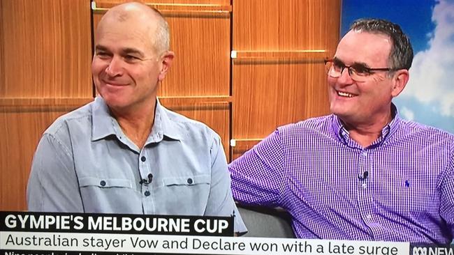 "Gympie's Melbourne Cup": School teachers Bob Leitch and Anthony Lanskey, who are part-owners of Melbourne Cup winning horse Vow and Declare flew the flag for Gympie live on national breakfast television show ABC News Breakfast on Wednesday morning.