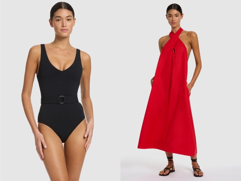 JETS Isla Rib V-Neck Belted One Piece and Low Back Halter Dress. Picture: THE ICONIC.