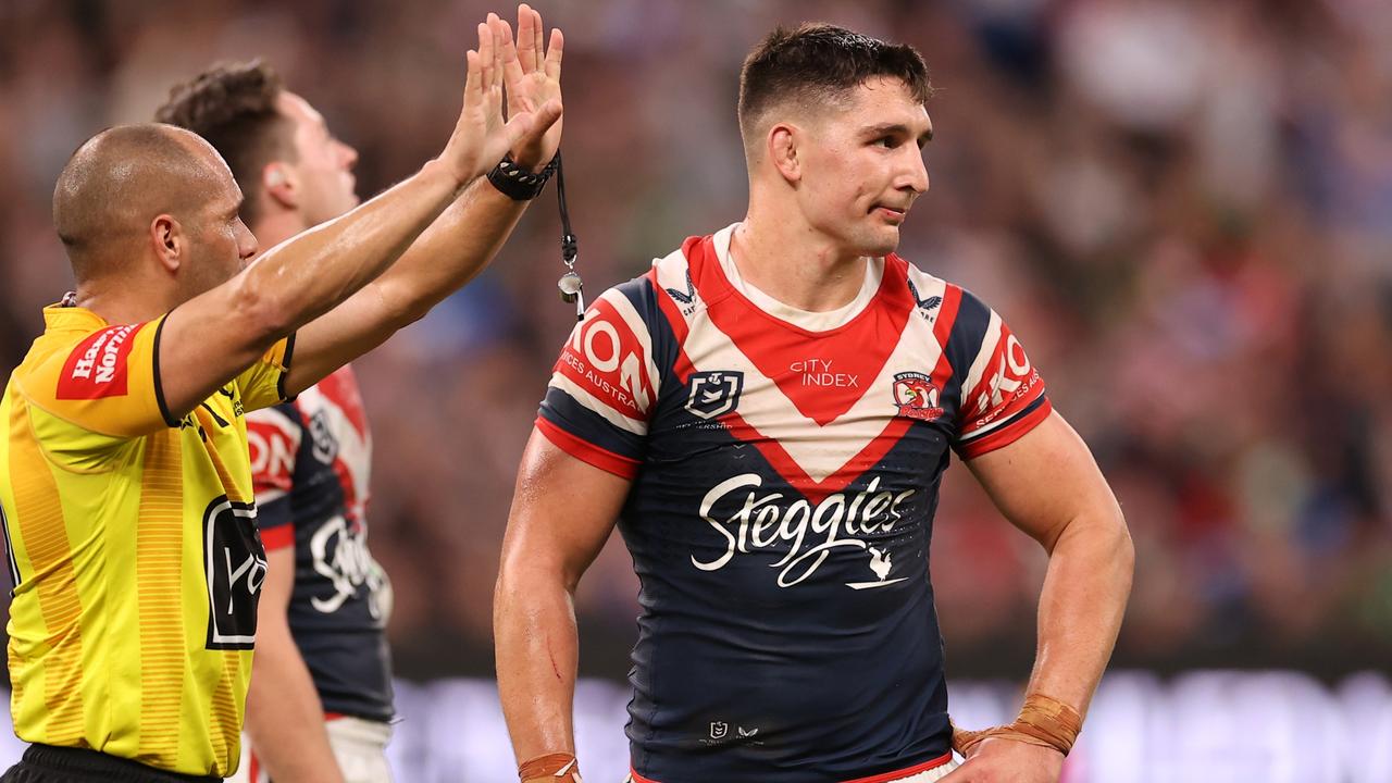 SYDNEY, AUSTRALIA - SEPTEMBER 11: Victor Radley of the Roosters is sent to the sin binned by referee Ashley Klein for a second time during the NRL Elimination Final match between the Sydney Roosters and the South Sydney Rabbitohs at Allianz Stadium on September 11, 2022 in Sydney, Australia. (Photo by Mark Kolbe/Getty Images)