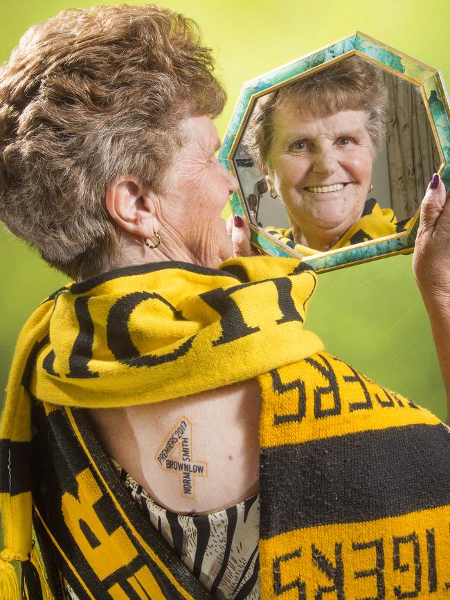 Dustin Martin's grandmother, Lois Knight, with her tattoo. Picture: Rob Leeson