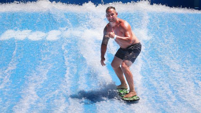 Daniel Watt from Leeton NSW tried to show up the kids on the Flow Rider after Christmas. Picture Glenn Hampson