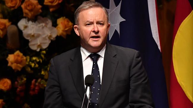 Labor leader Anthony Albanese speaking during the State Memorial service for former Prime Minister Bob Hawke at the Sydney Opera House in Sydney, Friday, June 14, 2019. (AAP Image/Dean Lewins) NO ARCHIVING