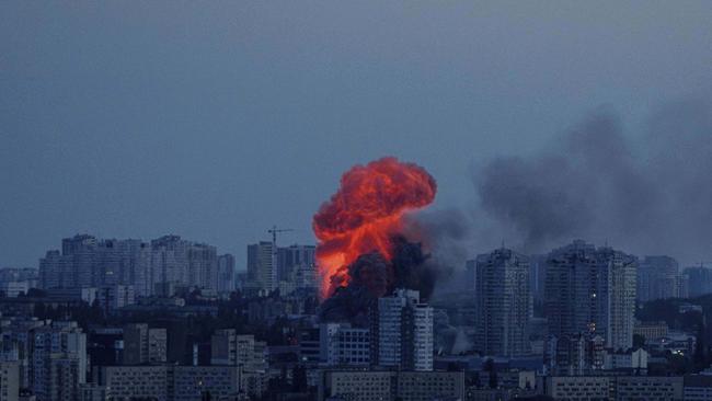 Explosion is seen after Russian air strike on Kyiv, Ukraine. Picture: AP Photo/Evgeniy Maloletka