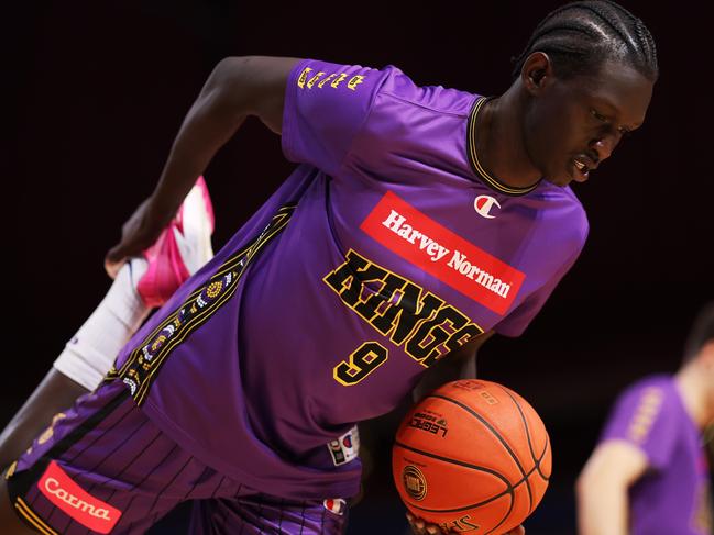 Jackson Makoi of the Kings warms up during the NBL Play-In Qualifier match between Sydney Kings and New Zealand Breakers at Qudos Bank Arena, on February 28, 2024, in Sydney, Australia. (Photo by Mark Metcalfe/Getty Images)