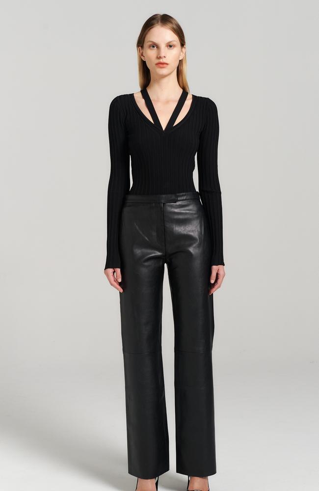 Henne’s vegan leather ‘Sanna’ pants, $209, would be ideal for a night out at a ski resort. Picture: Henne